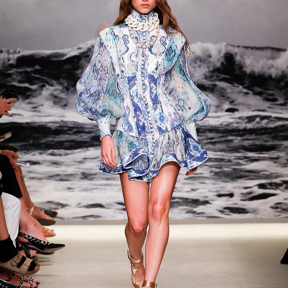 WITH RUNWAY NECKLACE Zimmermann Glassy Linen Mini Dress Navy Paisley Ikat Blue